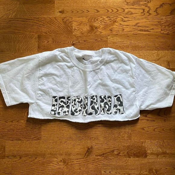 Champion Women White T-shirt Inidana University IU Hoosiers Cow Print Black Crop - Picture 1 of 3